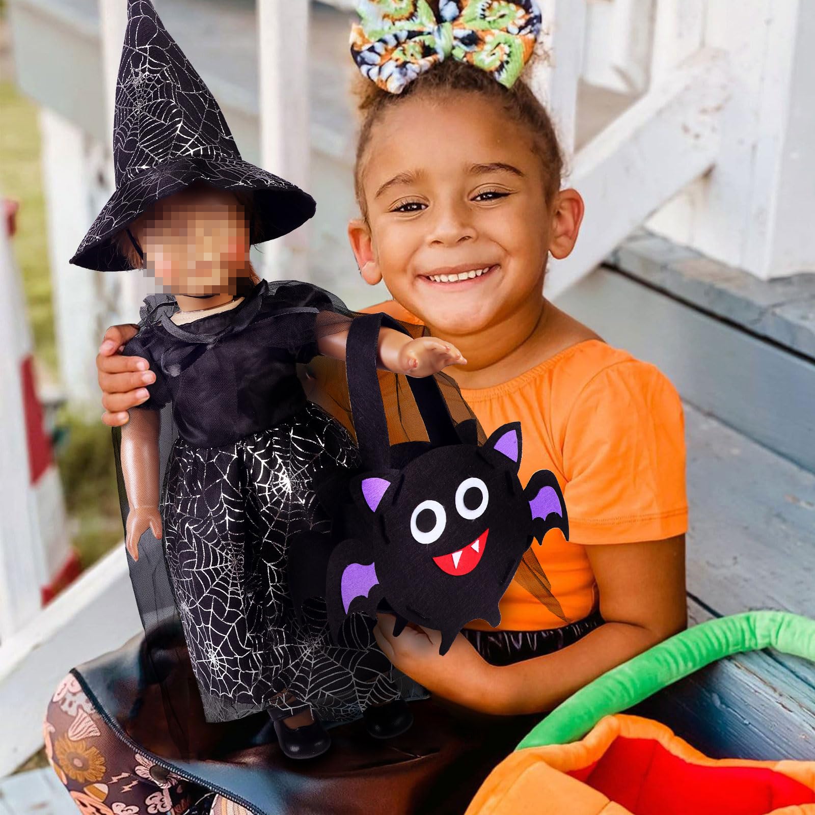 18 inch Doll Clothes and Accessories Halloween Doll Costumes Dress Shoes Outfit with Pumpkin Trick or Treat Bag Fits for Most 18 Inches Girl Dolls (18 inch Black)