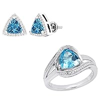 Dazzlingrock Collection Trillion Blue Topaz & White Diamond Halo Style Ring & Earrings Set for Women