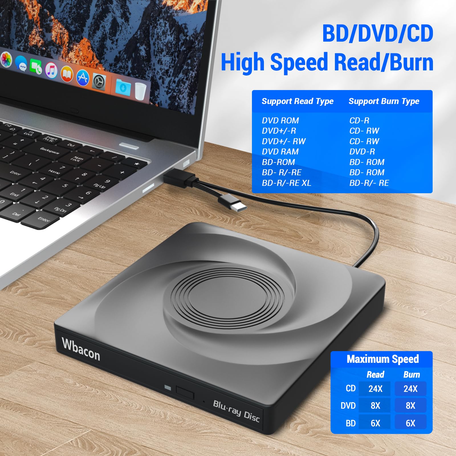 External Blu-ray Drive, USB 3.0 and Type-C Blu-Ray Burner Slim 3D Optical Blu-Ray DVD CD Drive Compatible with Windows XP/7/8/10/11 MacOS for MacBook Laptop Desktop