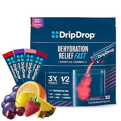 DripDrop Hydration - Electrolyte Powder Packets - Grape, Fruit Punch, Strawberry Lemonade, Cherry - 32 Count