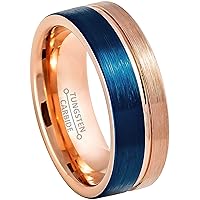 Jewelry Avalanche Blue & Rose Gold Tungsten Carbide Ring - 8mm Brushed Finish Pipe Cut Comfort Fit Tungsten Wedding Band - 2-tone Anniversary Ring