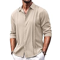 COOFANDY Mens Linen Shirts Long Sleeve Button Down Shirt Casual Summer Beach Shirt Cuban Guayabera Pleats Shirts