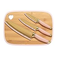 Paris Hilton Reversible Bamboo Cutting Board and Cutlery Set with Matching High Carbon Stainless Steel Knives, Blade Guards, Sleek Yet Comfortable Handle Grips, 7-Piece Set Gold, Pink
