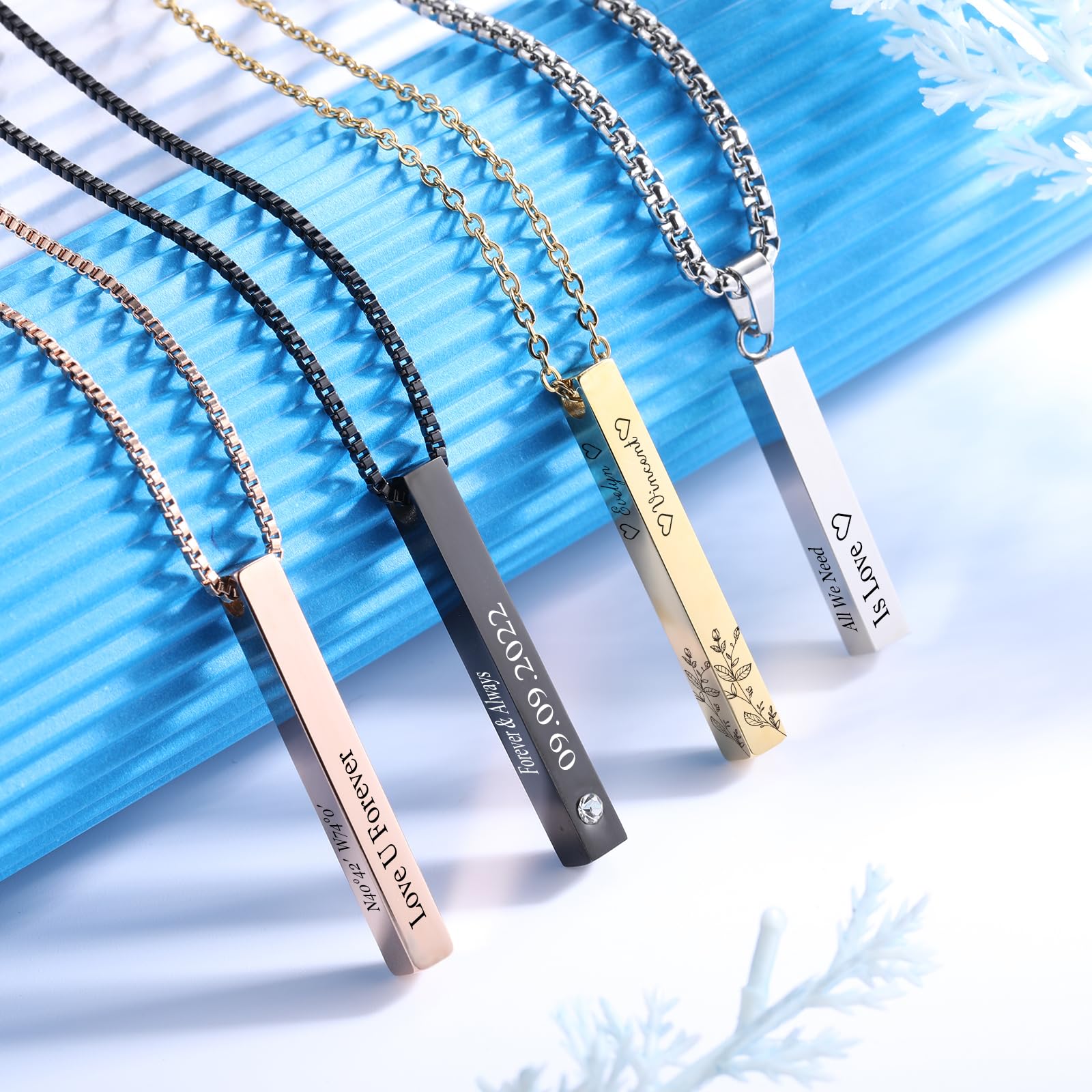 INBLUE Personalized Bar Necklace, 18K Gold Plated Custom Engravable Stainless Steel Rectangular Pendant, Charm Gift for Bridesmaids