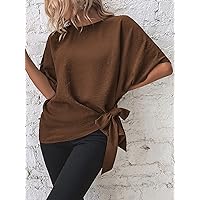 Batwing Sleeve Knot Side Blouse (Color : Brown, Size : Large)