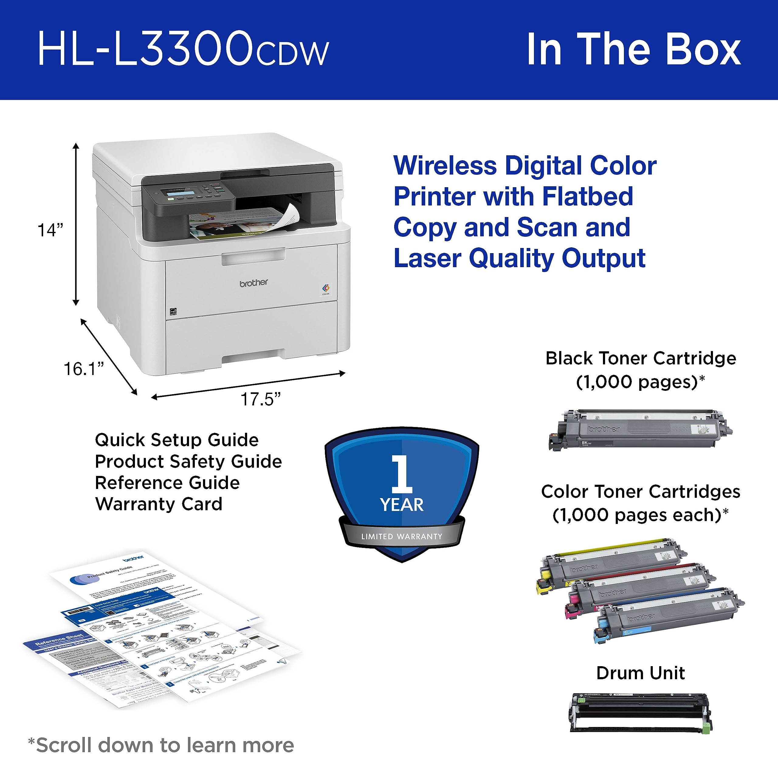 Brother HL-L3300CDW Wireless Digital Color Multi-Function Printer with Laser Quality Output, Copy & Scan, Duplex, Mobile | Includes 4 Month Refresh Subscription Trial ¹ Amazon Dash Replenishment Ready