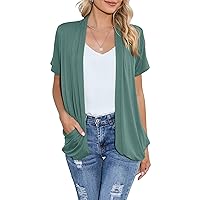 Open Front Cardigan Sweaters for Women with Pockets Lightweight Short Sleeve Ruffle Front Kimono Cardigan Duster