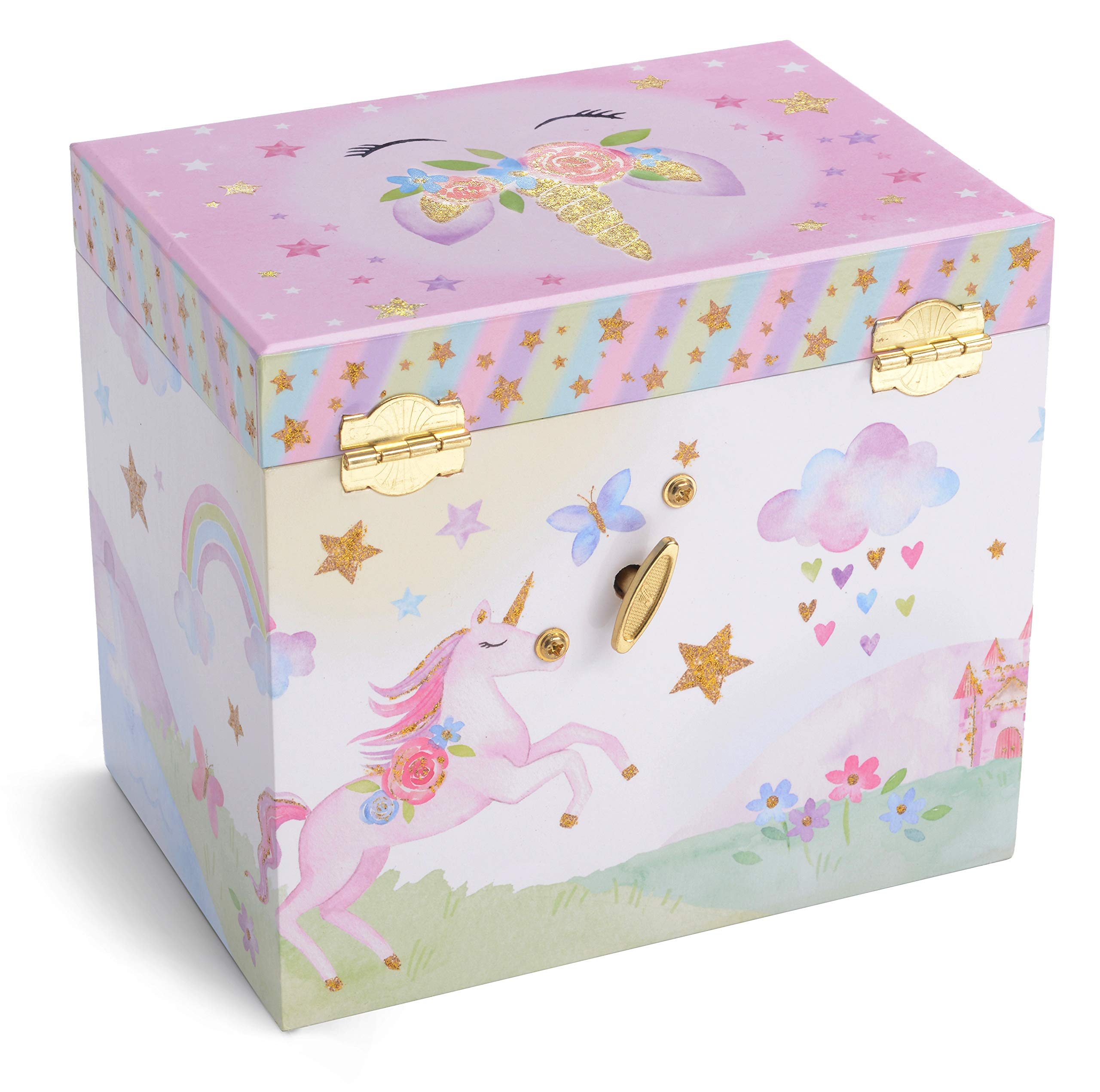 Musical Jewelry Box 1 Pullout Drawers Glitter Rainbow Stars Unicorn Design 