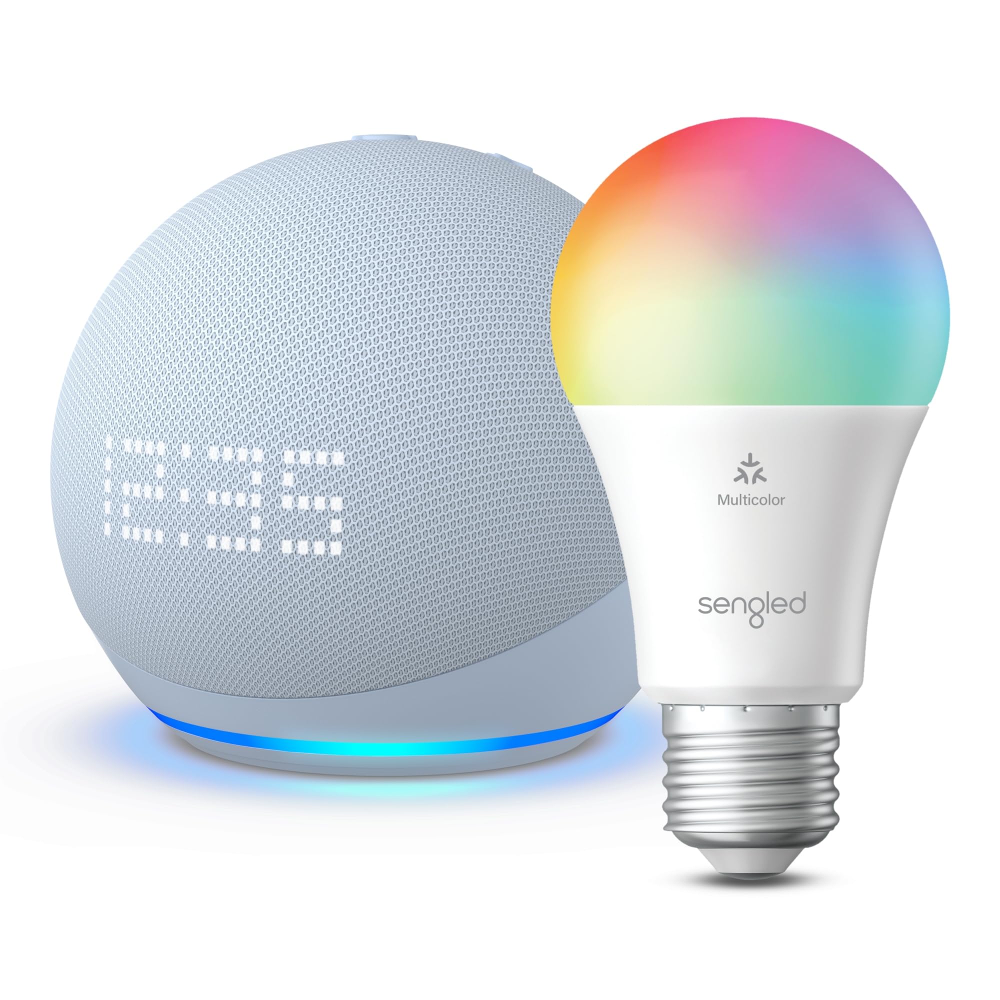 Echo Dot (5th Gen) with Clock | Cloud Blue with Sengled Smart Color Bulb
