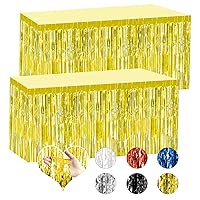2 Pack 29.5x108 Inch Gold Foil Tinsel Fringe Table Skirts, Disposable Table Skirts for Rectangle Tables Curtains Backdrop Parade Wedding Floats Baby Shower Birthday Mardi Gras Party