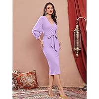 Women's Dress Self Belted Split Hem Surplice Wrap Dress Women's Dress (Color : Lilac Purple, Size : Large)