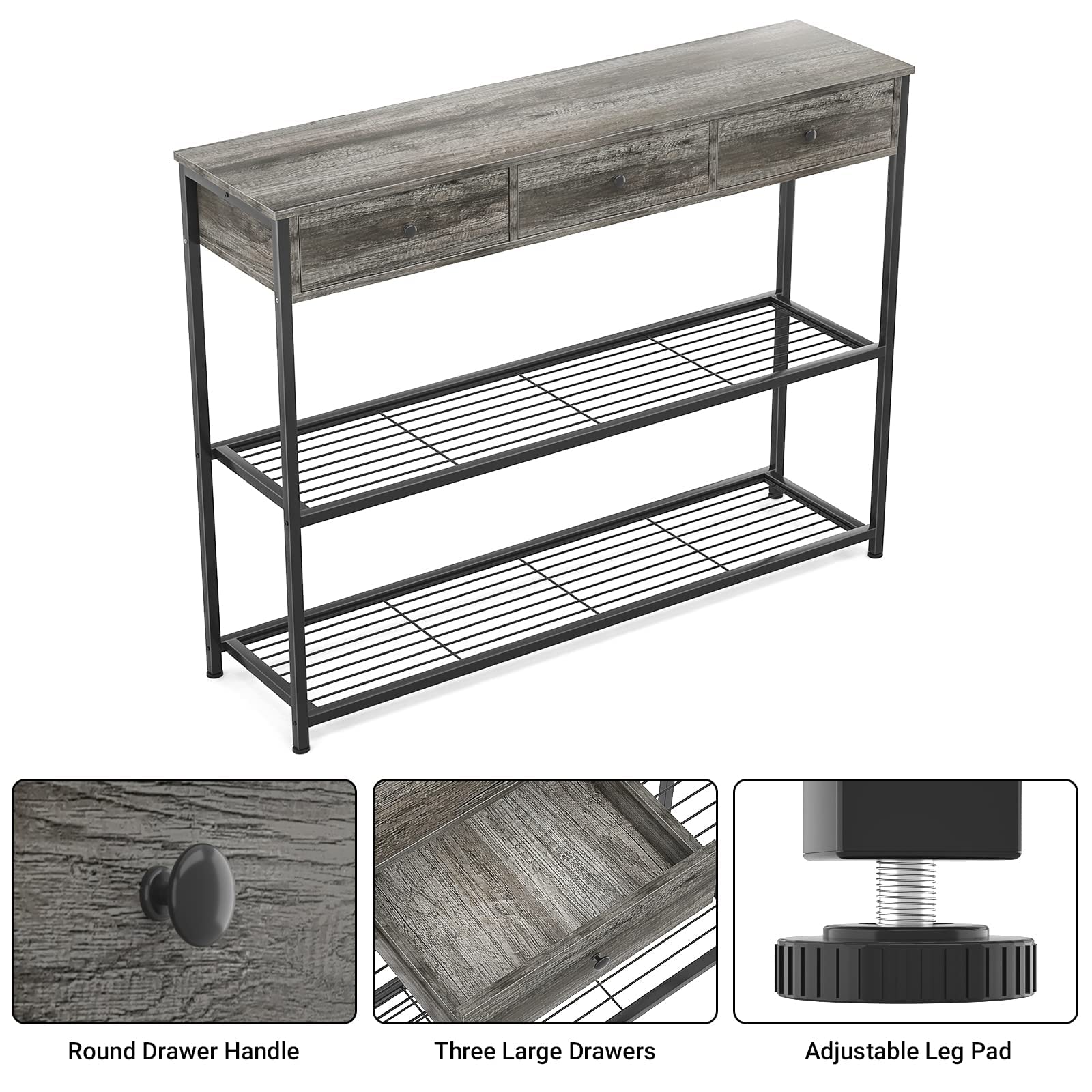 Ecoprsio Console Table with 3 Drawers, 47 Inch Gray Sofa Table Entryway Table Narrow Long with Storage Shelves for Entryway, Front Hall, Hallway, Sofa, Couch, Living Room, Kitchen, 47 Inch, Grey