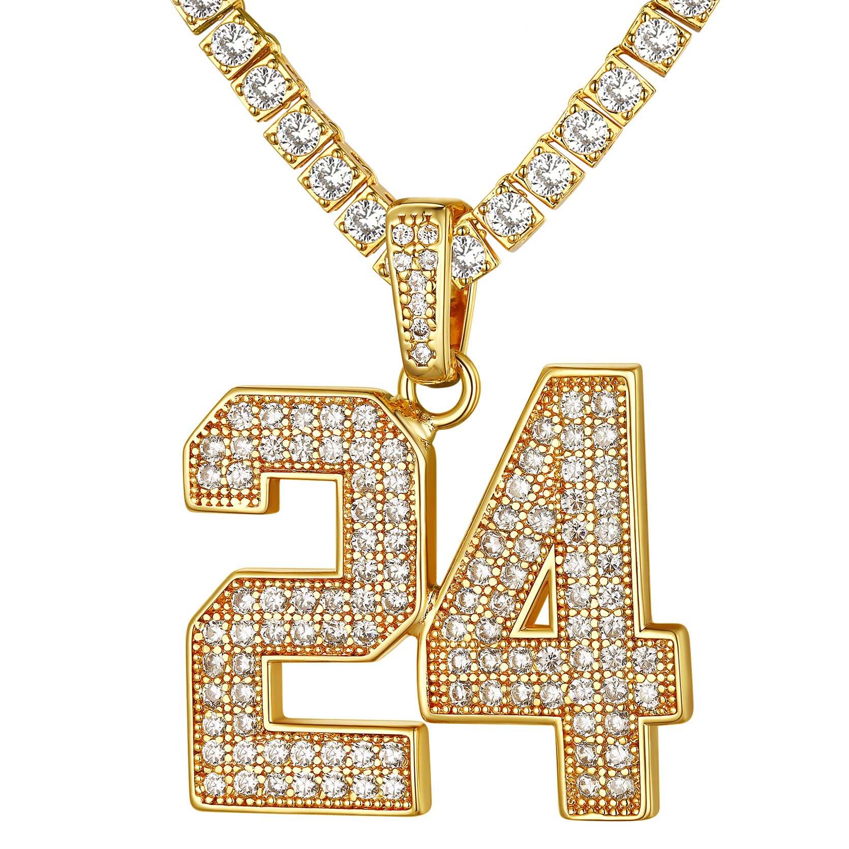 KeyStyle Number Necklaces For Men, Bling Numbers Chain Necklace Hip Hop Simulated Diamond Pendant with Tennis Chain Spiga Chains