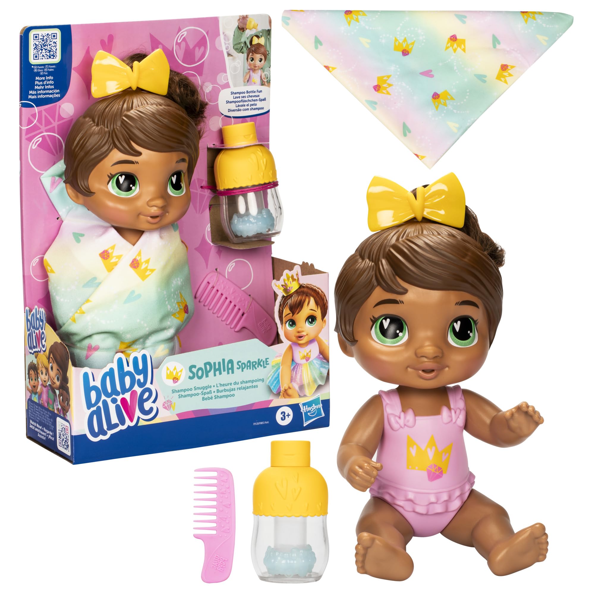 Baby Alive Shampoo Snuggle Sophia Sparkle Brown Hair 11 Inch Water Baby Doll Playset, Toys for 3 Year Old Girls & Boys & Up