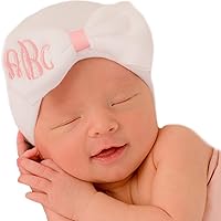 Melondipity Personalized Baby Hospital Hat - Warm Beanie Cap for Infants, Newborn, Girls - Customized Head Wrap with Bow - Custom Name Keepsake Hat for Baby Shower, Birthday, First Visit Gift (White)