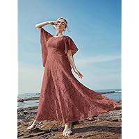 Fall Dresses for Women 2023 Butterfly Sleeve Lace -line Dress Dresses for Women (Color : Redwood, Size : Medium)
