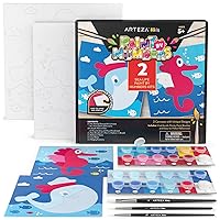 ARTEZA Kids Paint by Numbers Kit, 10 x 10 Inches, Pre-Printed Sea Life Canvas Painting Kit with 2 Canvases, 24 Acrylic Paint Pots, 3 Paintbrushes, Art Supplies for Developing Hand-Eye Coordination
