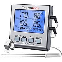 ThermoPro TP-17 Dual Probe Digital Cooking Meat Thermometer Large LCD Backlight Food Grill Thermometer with Timer Mode for Smoker Kitchen Oven BBQ, Silver
