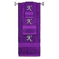 Custom Embroidered Terry Cotton Ring Spun Bath Towel, Hand Towel and Washcloth Set - Purple Towel Set, Silver Chancery Initial K