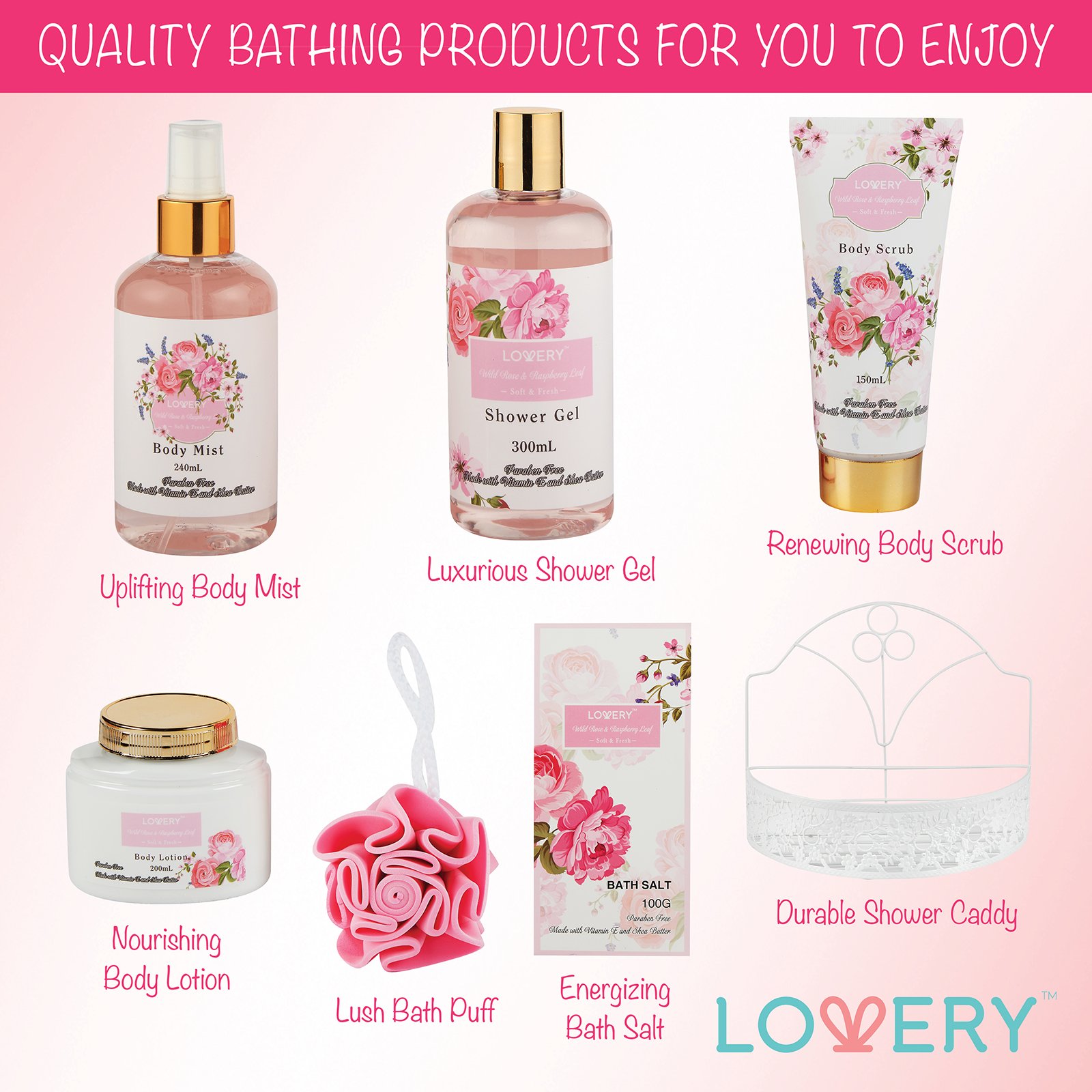 Home Spa Gift Basket - Wild Rose & Raspberry Leaf Scent - 7pc Bath & Body Set for Men and Women - Shower Gel, Body Lotion, Body Scrub, Bath Salt, Body Mist, Bath Puff & Shower Caddy