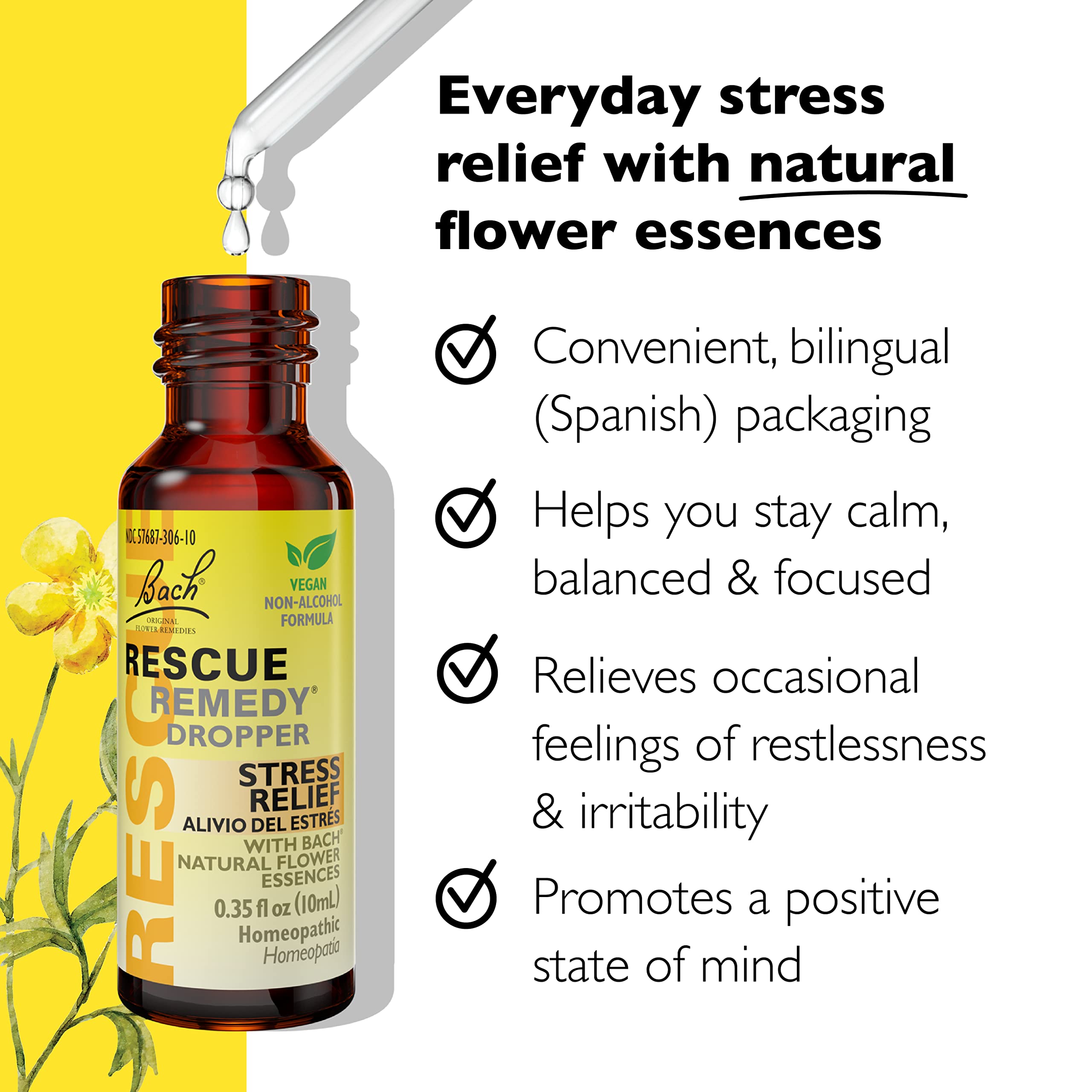 Bach RESCUE Remedy Dropper 10mL, Natural Stress Relief, Homeopathic Flower Essence, Vegan, Gluten & Sugar-Free, Non-Habit Forming (Non-Alcohol Formula)