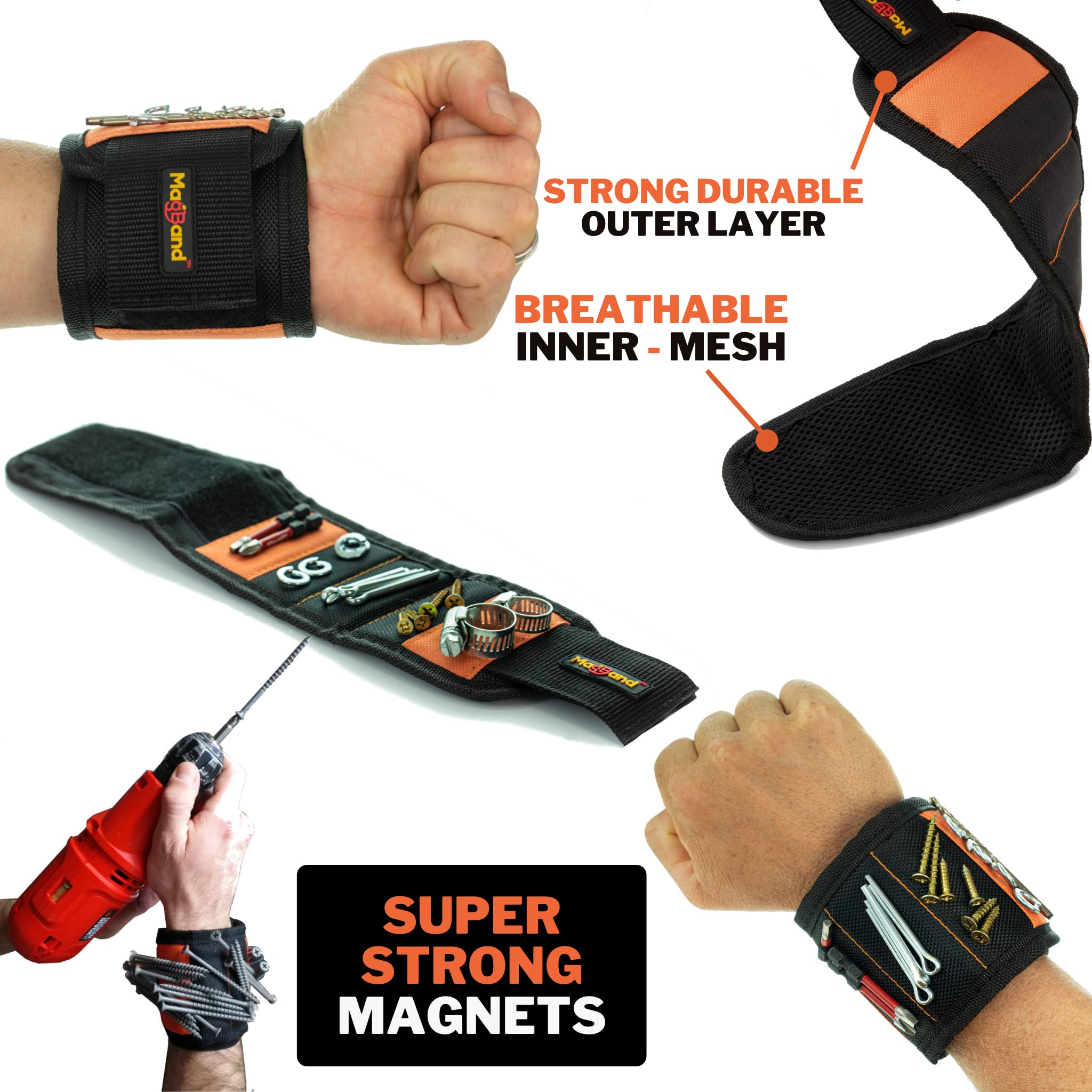 MagBand Magnetic Wristband For Holding Screws, Nails and Drilling Bits - 10 Strong Magnets - Men & Women's Tool Bracelet - Gift Ideas for Dad, Husband, Handyman or Handy Woman