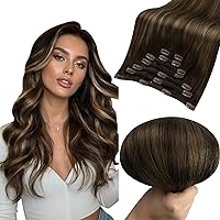 Full Shine Balayage Clip in Extensions Human Hair Brunette Dark Brown to Light Brown Hair Extensions Clip Ins Double Weft Real Hair Extensions for Short Hair 7pcs 100g 12 Inch