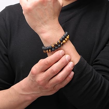 Mens Bracelet Gift for Son Boyfriend Husband Dad Grandson Brother Anniversary Birthday Christmas Gifts for Him Tiger Eye Lava Rock Bracelet Stress Relief Adjustable Bracelet Father's Day Valentine's Day Jewelry