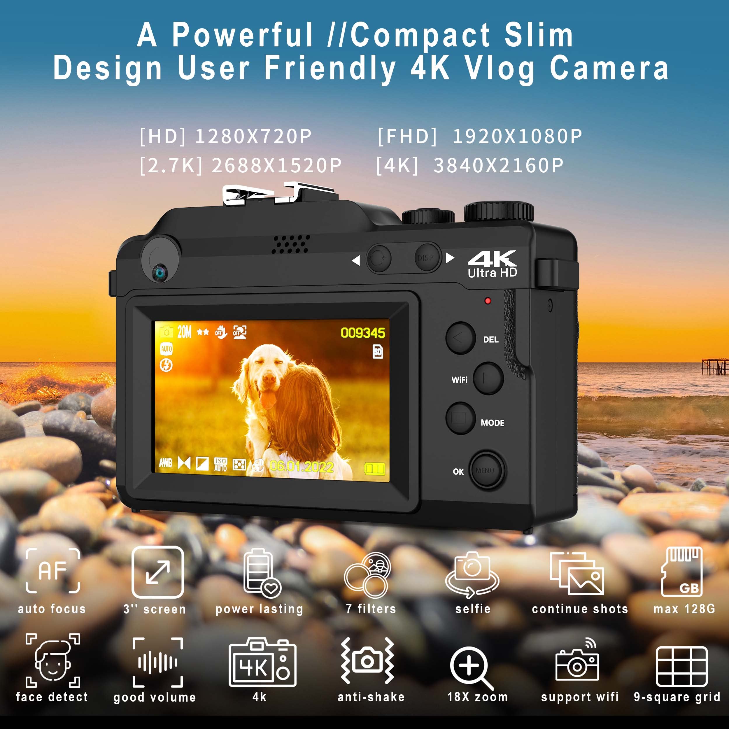 Vlogging Camera, 4K 48MP Digital Camera with WiFi, Free 32G TF Card & Hand Strap, Auto Focus & Anti-Shake, Built-in 7 Color Filters, Face Detect, 3'' IPS Screen, 140°Wide Angle, 18X Digital Zoom AC-10