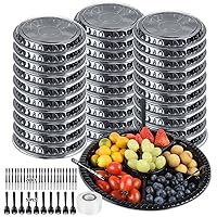 30 Pieces Appetizer Serving Trays with Lids 10.4 Inches Disposable Veggie Fruit Tray 6 Divided Compartment Container Round Food Container Platter with Forks for Party Buffet（ Black ）