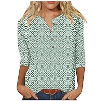 Womens Tops Dressy Casual,3/4 Sleeve Tops for Women Retro Print Button Top Graphic Tees for Women