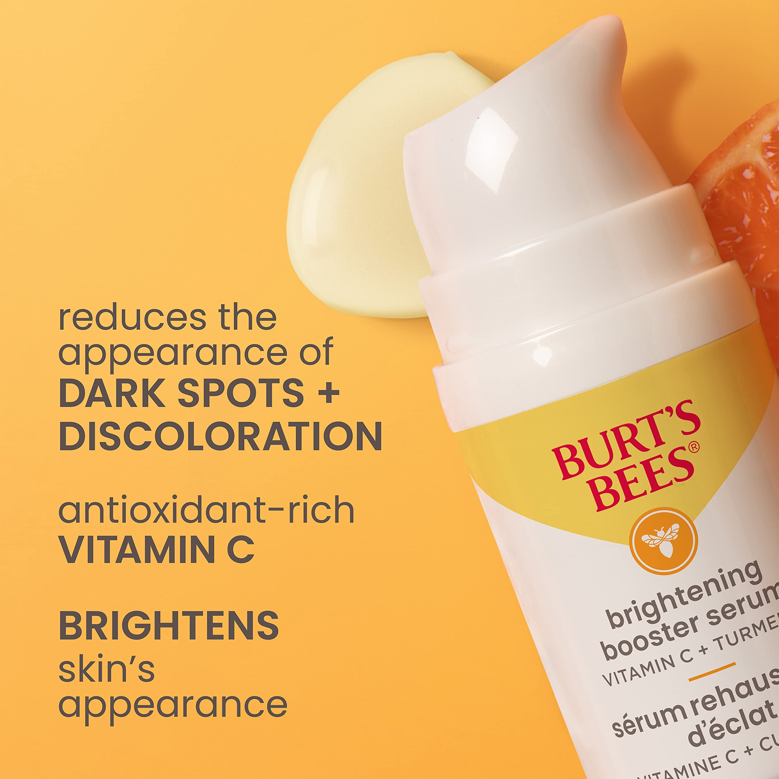 Burt's Bees Vitamin C Turmeric Face Serum, Brightens Skin & Visibly Reduces Dark Spots, Fine Lines & Wrinkles, Naturally Hydrating, Lightweight - Brightening Booster Serum (1 oz)