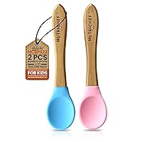 Nutrichef 2 Piece Baby & Toddler Spoon Set, All Natural Wooden Spoon Set w/Soft Curved Food Grade Silicone Head, Self-Feeding Utensils, BPA Free, Toddler & Child Tableware for ages 4 months- 6 years