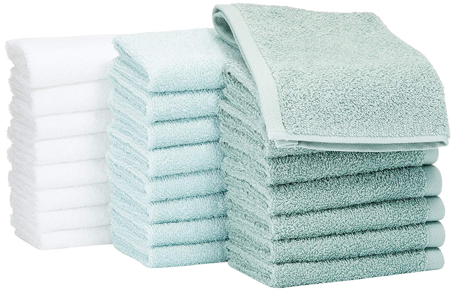 Amazon Basics Fast Drying, Extra Absorbent, Terry Cotton Washcloths - Pack of 24, Seafoam Green/Ice Blue/White, 12 x 12-Inch