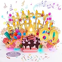 Vocavi 60TH Musical Pop-Up Birthday Card with Light & Blowable Candle, 3D Retro Greeting Card with Song 'HAPPY', Applause Cheers, 60th Birthday Decorations, Birthday Gifts for 60 Years Old Women Men
