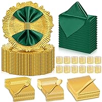 Gold Charger Plate Dinner Set Serve 30 Guest, Total 180 Pcs Include 13 Inch Reef Plate Charger Cloth Napkin Rhinestone Napkin Ring 30 Knives 30 Fork 30 Spoon for Wedding Reception(Green)