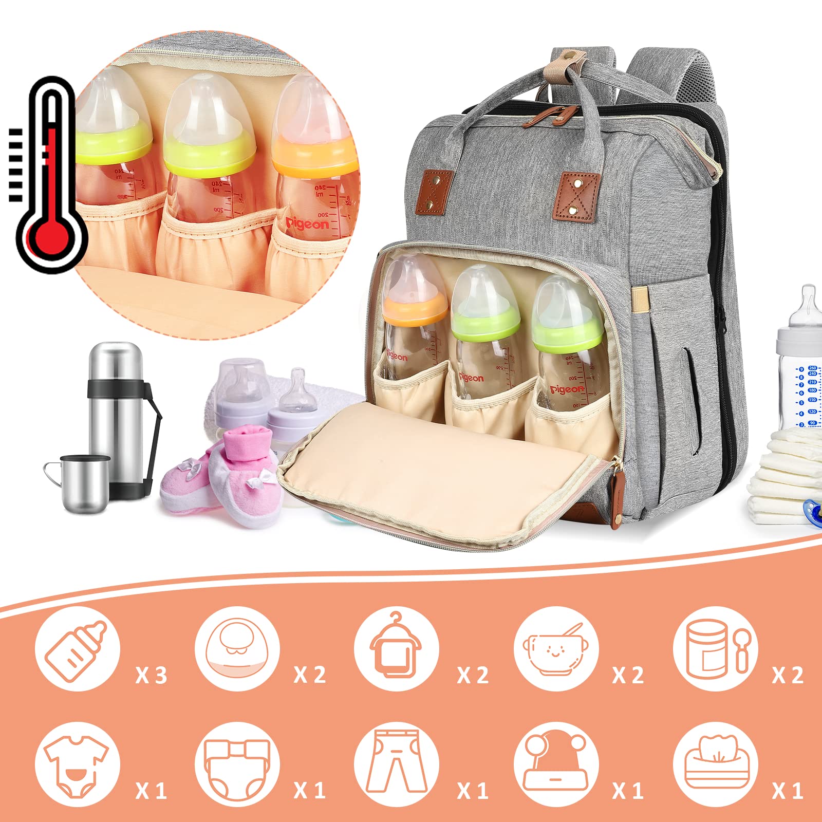HKZ Diaper Bag Backpack 5 in 1 Baby Diaper Bags for Girls and Boys,Travel Foldable Baby Large with USB Charging Port (Gray)