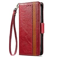 XYX Wallet Case for iPhone 13, Business Stitching RFID Blocking Card Slots Shockproof Flip Folio Cover with Wrist Strap, Red