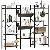 Triple Wide 4 Tier Book Shelf, 54.3” Large Bookcase with 11 Open Shelves, Industrial Bookshelves and Bookcases with Metal Frame for Home Office, Study Room, Living Room-Black
