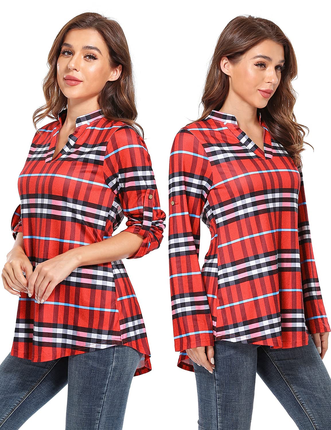 SeSe Code Womens 3/4 Roll Sleeve Plaid Shirt Business Casual Blouses and Tops Dressy for Work