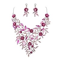 Clearine Wedding Bridal Leaf Cluster Jewellery Set for Women Crystal Flower Enamel Statement Necklace Dangle Earrings Jewellery Gift