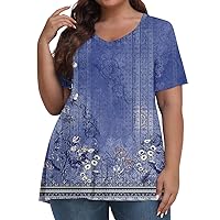 Clothing for Women Plus Size Casual Tops Women Clothing Fashion Women's Casual Short Sleeve Shirts Print V-Neck Pullover Tops Blouses Spring 2024 04-Blue XX-Large