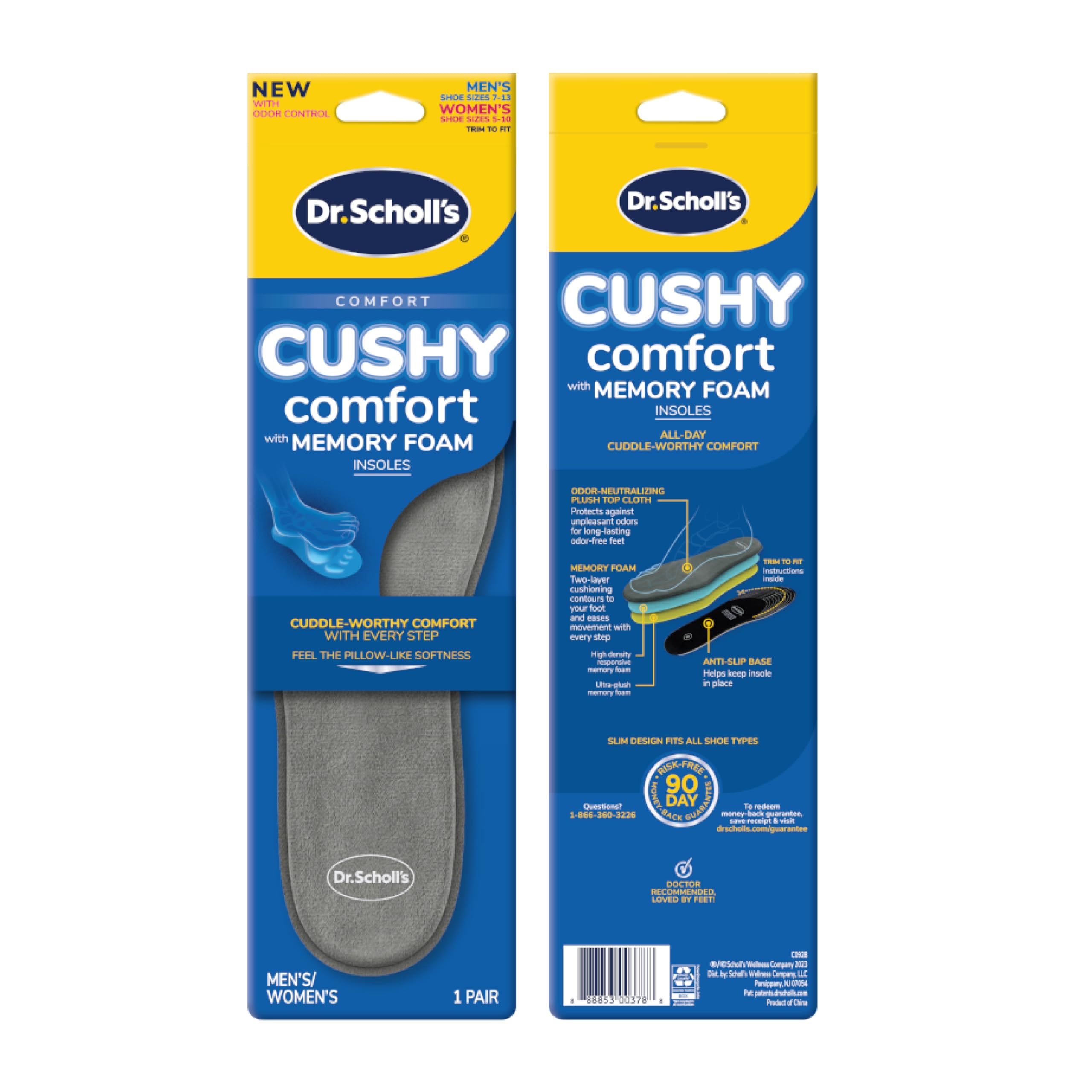 Dr. Scholl's® Cushy Comfort with Memory Foam Insoles, Full-Foot Responsive Cushioning, Relieves Pressure, Slim Design, Trim Inserts to Fit Shoes, Unisex, Men's Shoe Size 7-13 Women's 5-10, 1 Pair