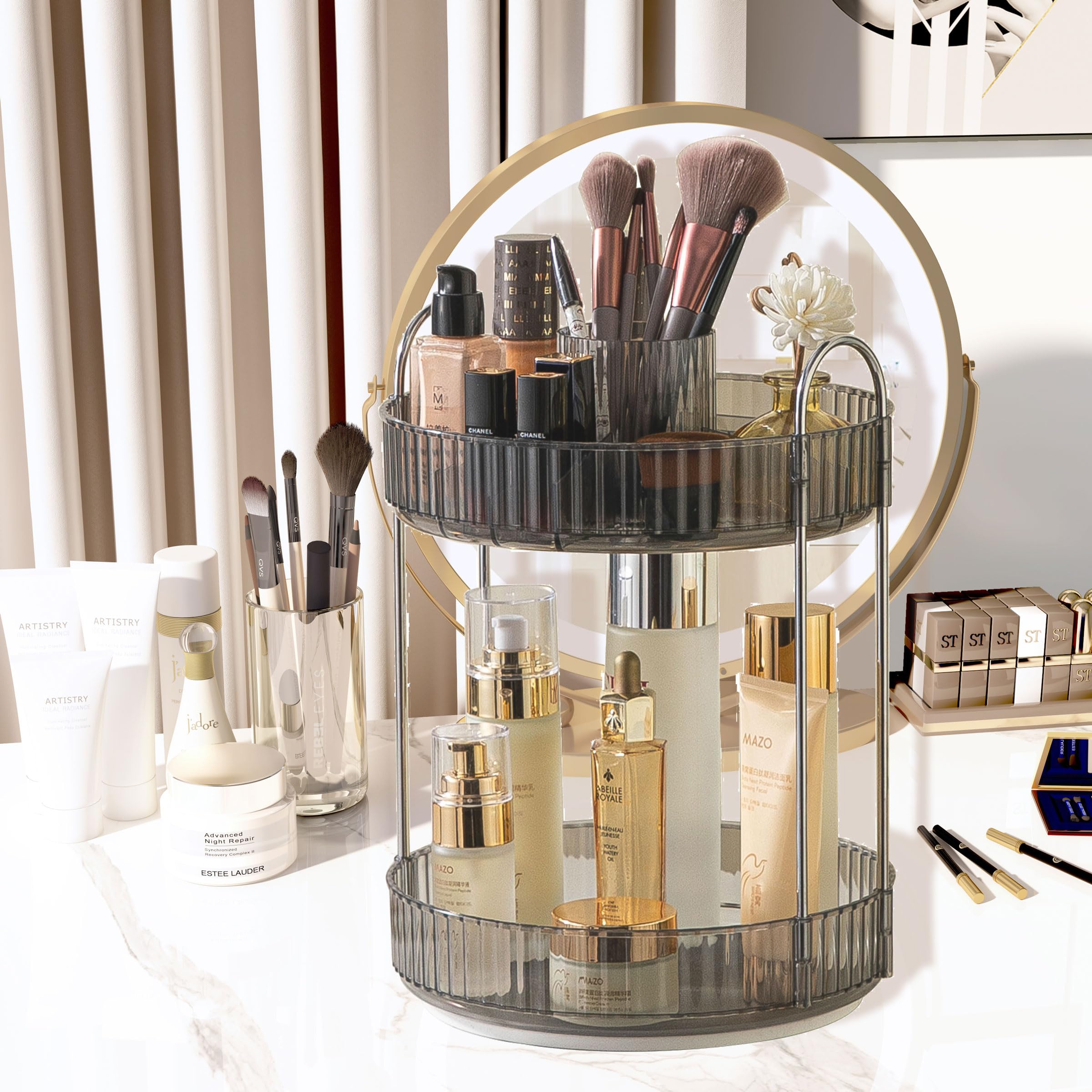 ISAPIFRI 360° Rotating Makeup Organizer for Vanity, 2 Tiers Large Capacity Bathroom Countertop Organizer, Spinning Storage Rack, Cosmetic Shelf, Fits Makeup Brushes, Skincare, Lipsticks, Mascara (Grey 2-Tier)