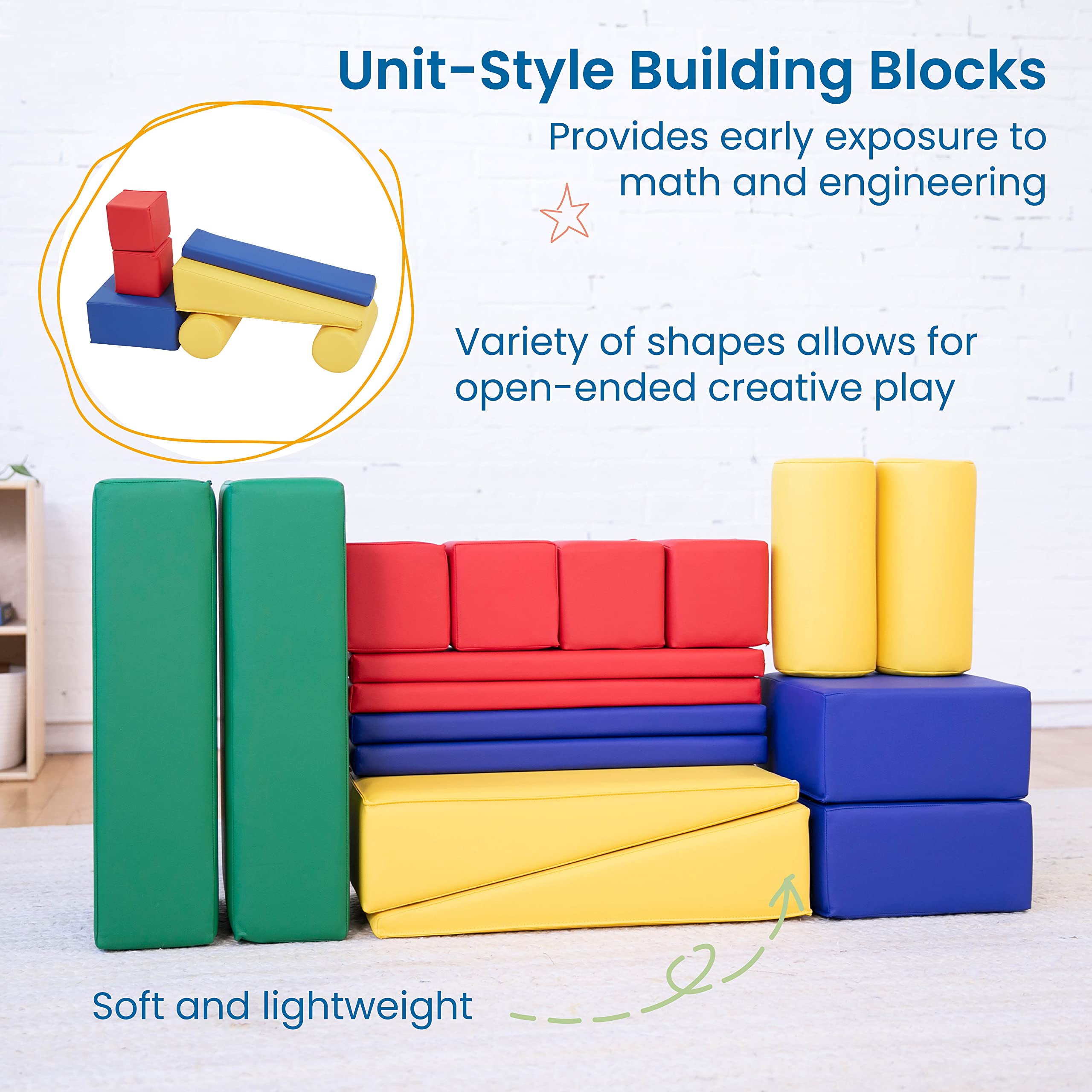 ECR4Kids SoftZone Soft Builder Blocks, Foam Shapes, Assorted, 16-Piece