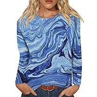 Fashionable Casual Women's Long Sleeve Marble Printed Tops Spring Crew Neck Blouses Lightweight T-Shirts