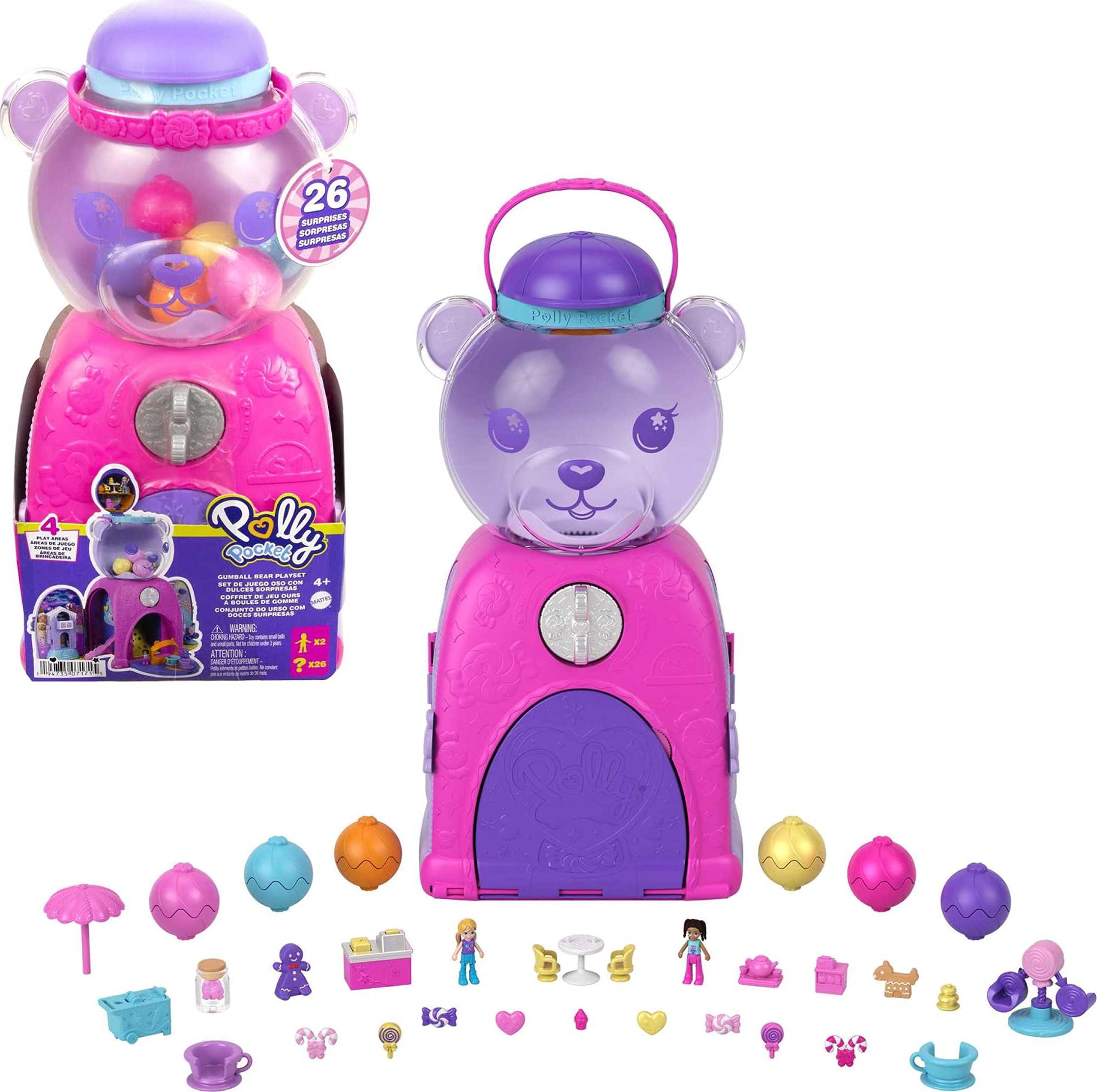 Polly Pocket Travel Toy, Gumball Bear Playset with 2 Micro Dolls and 26 Surprise Accessories, Animal Toy Compact