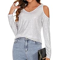 Womens Sparkly Sequin Top V Neck Cold Shoulder Glitter Long Sleeve Dressy Party Blouse Shirts