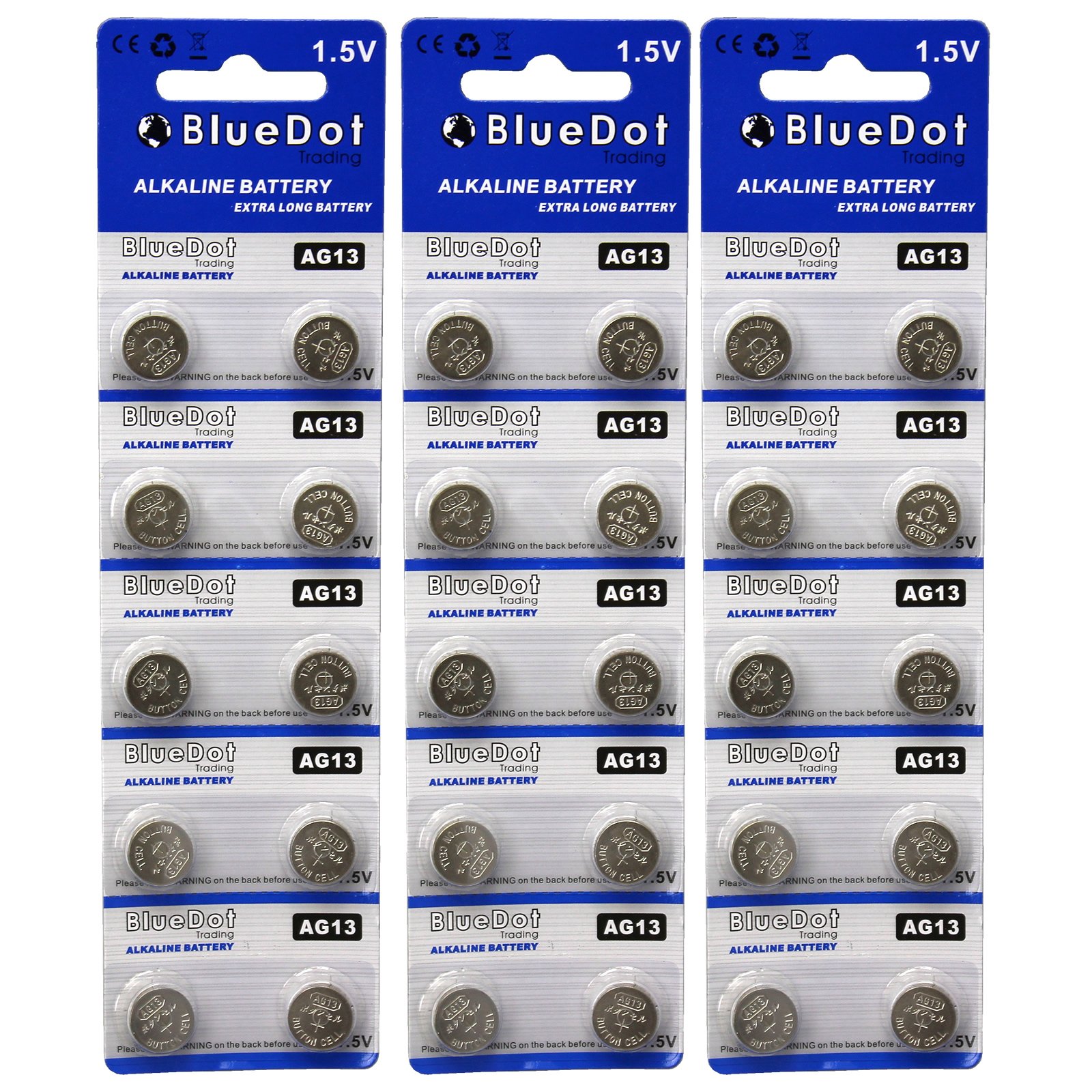 BlueDot Trading AG13 LR44 LR1154 SR44 A76 357A 303 357 LR44 Alkaline Button Coin Cell 1.5v Battery for Watches, calculators, and Toys, Quantity 30 Count