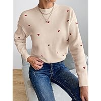 Women's Sweater Mock Neck Heart Pattern Drop Shoulder Sweater Sweater for Women (Color : Baby Pink, Size : Large)